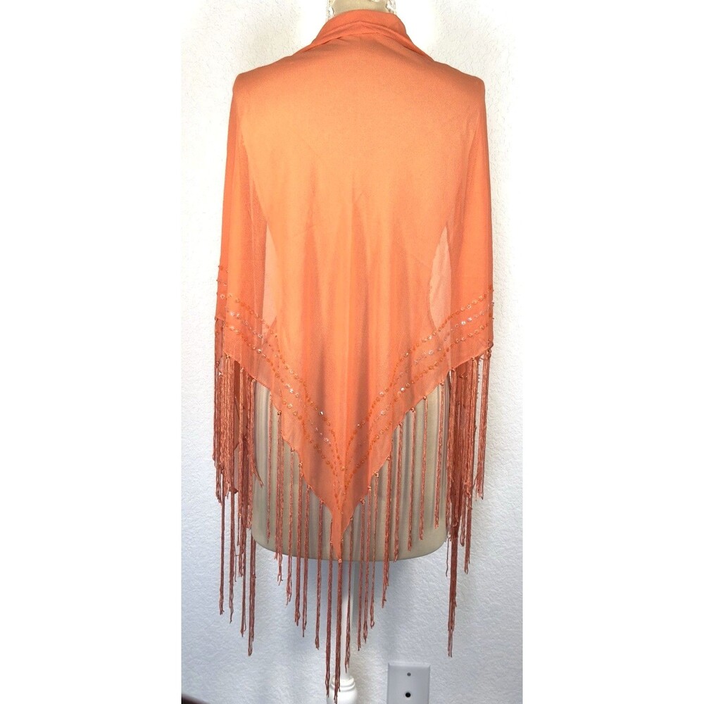Bijoux Terner Orange Beaded Fringe Triangle Shawl Wrap Boho Festival Rayon